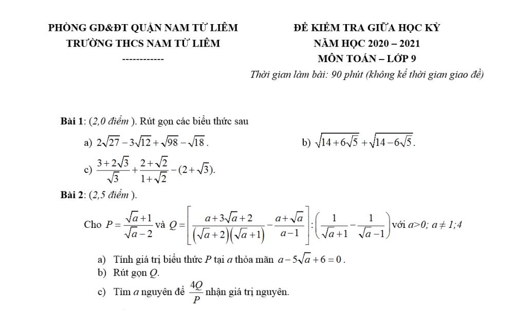 Toán 9: Đề kiểm tra giữa học kỳ 1. Trường THCS Nam Từ Liêm năm học 2020-2021